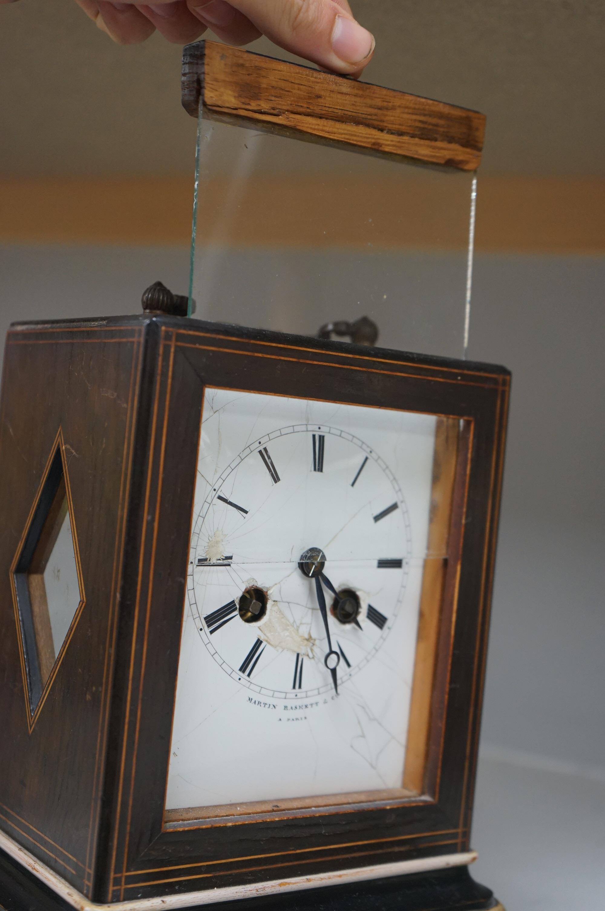 A French inlaid rosewood mantel clock with bone knop, the dial inscribed Martin Baskett. Condition - poor